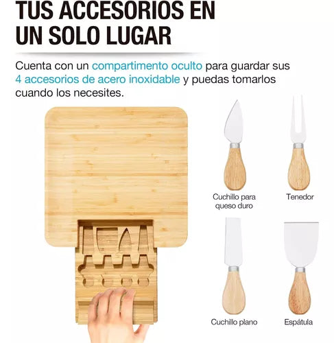 Tabla Para Quesos De Madera Bambú + 4 accesorios