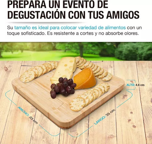 Tabla Para Quesos De Madera Bambú + 4 accesorios